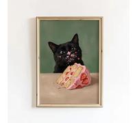 DIHANSM - Decoración para pared, diseño de gato negro que come un pastel - Arte caprichoso y divertido para el comedor (50 x 70 cm/Montaje en chasis)