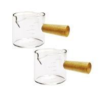 Diheohg Juego de 2 vasos de chupito de café espresso con doble boquilla, vidrio medidor, tazas de espresso, utensilios de cocina con mango de madera para café con leche, 75 ml, duradero, fácil de usar