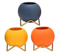 Diheohg Juego de 3 jarrones de flores pequeñas, jarrón de cerámica moderno para vivir, jarrón redondo amarillo, azul, naranja, para flores de arte