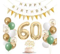 Dihuangwx 60 Geburtstag Frau Mann,Dihuangwx 60 Geburtstag Deko Salvieigrüne,60. Geburtstag Luftballon Grün Weiß Gold mit Happy Birthday Banner,Tortendeko für 60th Geburtstagsdeko Männer und Frauen