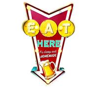 DiiliHiiri Cartel Luminoso Comer Aquí para Restaurante-Original Cartel Retro De American Retro Sign para Bar Pub Cafeteria y Comedor. Decoración Letrero Vintage de los Años 50. 44x27x5cm (9093)