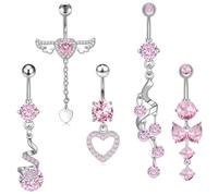 DiiWmme 5 anillos falsos de acero inoxidable para ombligo, joyería para el ombligo sin perforación, con colgante de corazón y mariposa, alternativa para niñas, talla única, Acero inoxidable, No es una