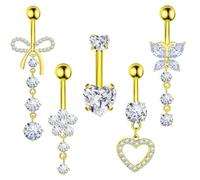 DiiWmme 5 barras colgantes para ombligo, acero inoxidable de 14 g, diseño de flor, corazón, mariposa, para mujeres y niñas, talla única, Acero inoxidable, No es una piedra preciosa