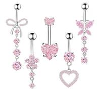 DiiWmme 5 barras colgantes para ombligo, acero inoxidable de 14 g, diseño de flor, corazón, mariposa, para mujeres y niñas, talla única, Acero inoxidable, No es una piedra preciosa