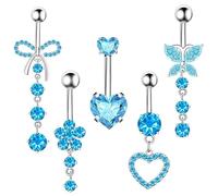 DiiWmme 5 barras colgantes para ombligo, acero inoxidable de 14 g, diseño de flor, corazón, mariposa, para mujeres y niñas, talla única, Acero inoxidable, No es una piedra preciosa