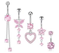 DiiWmme 5 barras colgantes plateadas para ombligo con diseño de mariposa, corazón, flor, acero inoxidable, 5,1/3,8/4,7/4/2,1 cm, extralargas, para ombligo, joyería hipoalergénica para mujer, talla