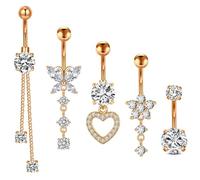 DiiWmme 5 barras colgantes plateadas para ombligo con diseño de mariposa, corazón, flor, acero inoxidable, 5,1/3,8/4,7/4/2,1 cm, extralargas, para ombligo, joyería hipoalergénica para mujer, talla