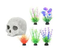 DiiWmme Adorno de calavera de acuario, decoración de cueva de pecera con 5 plantas de acuario para esconderse, criar y jugar, seguro para camarones, betta, cíclidos peces pequeños, escondite de roca
