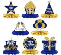 DiiWmme Decoraciones de mesa de cumpleaños azul y dorado, 8 piezas de decoración de mesa de oro azul, suministros de fiesta de cumpleaños, decoraciones reutilizables de mesa de feliz cumpleaños (azul
