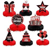 DiiWmme Decoraciones de mesa de panal de abeja negro y negro, 8 piezas de decoración de mesa, suministros de fiesta de cumpleaños, decoraciones reutilizables de mesa de feliz cumpleaños (negro y rad)