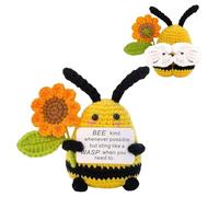 DiiWmme Muñeca de abeja de ganchillo hecha a mano con tarjetas edificantes, peluche de abeja positiva con girasol para decoración de escritorio, regalo de aliento para mujeres y hombres, regalo único