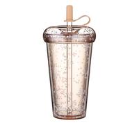 DiiWmme Vasos rosa con purpurina con tapa y popote, 420 ml, taza aislada de doble pared, botella de agua a prueba de fugas para café helado, batidos, viajes, oficina y uso escolar (caqui)