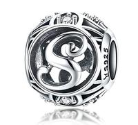 Dijes de cumpleaños auténticos de plata de ley 925 con inicial A-Z, dijes de alfabeto, cuentas de letras para pulseras de Pandora (Letra S)