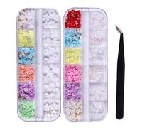 Dijes de uñas de flores 3D, 2 cajas de 24 rejillas florales aurora oso, lazo, mariposa, gemas de uñas con cuentas de uñas doradas y plateadas, perlas, diamantes de imitación y pinzas, decoraciones de