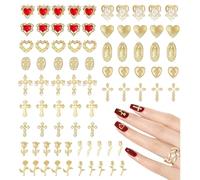 Dijes de uñas dorados, 80 piezas de cruz, rosa, corazón, gemas y dijes de uñas de la Virgen María, accesorios de uñas de aleación de metal para decoración de manicura, manualidades (dorado A)