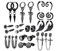 DIKACA 12 pares Pendientes para Hombre Negros Inoxidable con Diseño Punk y Hip Hop Juego de Aros Colgantes con Cruces y Cadenas Joyería Moderna para Conciertos y Club