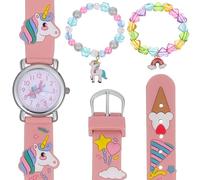 DIKACA Conjunto de Reloj de Cuarzo y Pulsera para Niña, Correa de Silicona Arcoíris Diseño de Unicornio, Pulsera Cuentas de Corazón y Perla, Obsequio Adecuado para Cumpleaños y Niñas