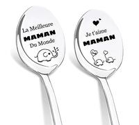 DIKARIYA Cadeau pour Maman, 2 Pièces Cuillère à Café en Acier Inoxidable, Cuillères Gravées au Laser Meilleur Maman du Monde, Cadeau Anniversaire Cadeau Noël pour Maman, Cadeau Fête des Mères