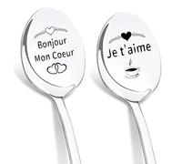 DIKARIYA Cadeaux Couple Amoureux Bonjour Mon Coeur Cuillère, 2 Pièces Cuillère à Café avec Gravure, Cuillère à Café en Acier Inoxydable, pour Petit Ami Copines Idea Cadeau Femme Homme Anniversaire
