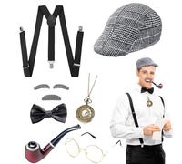 DIKARIYA Disfraz Años 20 Hombre, 1920s Gatsby Accesorios Hombre, Disfraz de Gatsby con Sombrero de Sherlock Holmes Tirantes Reloj de Bolsillo Pajarita Gafas, para Carnaval Mascarada Halloween (B)