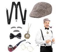 DIKARIYA Disfraz Años 20 Hombre, 1920s Gatsby Accesorios Hombre, Disfraz de Gatsby con Sombrero de Sherlock Holmes Tirantes Reloj de Bolsillo Pajarita Gafas, para Carnaval Mascarada Halloween (A)