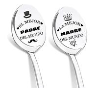 DIKARIYA Regalos Cumpleaños para Madre y Padre, 2 Piezas Cucharas de Café con Grabado, Cuchara de Postre de Acero Inoxidable, Original Regalo para Familia, Regalos Cumpleaños para Mamá y Papá