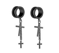 Dilatador 2 Piezas Tuneles Expansores 6mm,Tunel Dilataciones Acero Inoxidable Redondo con Cadena y Cruz Dilataciones Negro