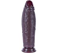 Dildo realista grande sin circuncidar de 26 cm, 6 cm de diámetro, negro grueso, ventosa grande, silicona de doble densidad, pene con prepucio largo, consolador anal ancho, para usuarios experimentados