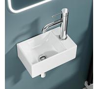 Dileci - Mini Lavavajillas Ultra Compacto Salida Recta 30x19x11 cm - Lavabo de Cerámica Blanca Brillante - Ideal para inodoros, WC y espacios muy pequeños - Diseño limpio y moderno