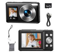 DILTEX DX09DC - Cámara digital de doble pantalla con tarjeta SD de 32 GB y filtro creativo, detección de sonrisas, disparo continuo, selfie, flash LED, enfoque automático, color negro
