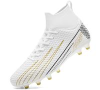 DimaiGlobal Botas de Fútbol Hombre Mujer con Tacos para Césped Natural/Artificial e Interior/Exterior High Top Zapatillas de Futsal Antideslizantes para Entrenamiento Junior 38EU Blanco