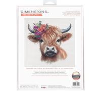 Dimensions 70-35449 Highland Cow - Kit de punto de cruz, 11 x 11 pulgadas, 14 cnt. blanco Aida, 4 piezas