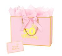 Dimetey Bolsa de regalo de cumpleaños de 12.6 pulgadas con tarjeta y papel de seda para hombres y mujeres, decoraciones de cumpleaños (rosa 50)