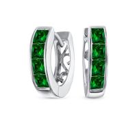 Diminuto Pequeño Cuadrado De Corte Princesa Verde Esmeralda Simulada CZ Canal Set K-Pop Huggie Pendientes De Aro Para Las Mujeres Los Hombres De Circonio Cúbico .925 Plata De Ley