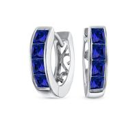 Bling Jewelry Diminuto Pequeño Cuadrado De Corte Princesa Zafiro Azul Simulado CZ Canal Conjunto K-Pop Huggie Pendientes De Aro Para Las Mujeres Los Hombres De Circonio Cúbico .925 Plata Esterlina