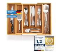 Dimono® Cubertero de madera de bambú Cajones; 7-9 compartimentos Sistema organizador Organizador flexible Cajón extraíble para cocina, oficina, baño y taller (Extensible hasta 45,5 cm)
