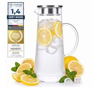 DIMONO® Jarra de Agua de Cristal 1,5 L con Filtro Acero Inoxidable | Vidrio borosilicato resistente al calor - boca ancha fácil de limpiar - ideal para agua infusionada y té frío