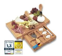 Dimono® Tabla de Quesos con Cajón y 3 Cuchillos de Bambú | Set completo 8 piezas, 30x20 cm - tabla de quesos con cubiertos, ideal como regalo original