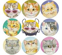 Dimoxii 8 posavasos de arte de diamantes de animales, tapete de pintura de diamantes 5D con soporte, bonito plato antideslizante para mesa, para el hogar, bar y regalos, posavasos de bricolaje, kits