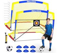 Dimples Excel Portería de Fútbol Pop-Up - Plegable para Niños | Juego de 2 Porterías 152x110 cm con Balón,Bomba,Conos y Diana | Color: Azul y Amarillo | Ideal para Jardín, Entrenamiento