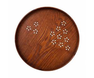 DimyFew Bandeja Redonda de Servir Bandeja Plato Fuente de Madera Pulida Rojizo Borde Bajo y Acabado Lijado para y Mostrar Té y Tazas Adecuada para Reuniones Restaurante Recepción, 27cm