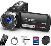 DINGETU Videocámara 4K HD 80MP Vlogging Cámara para YouTube, cámara de visión nocturna IR de 30 FPS, zoom digital de 18X 3.0 270°IPS Cámara de vídeo con tarjeta SD, 2 baterías, control remoto