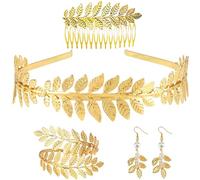 DINGFENG 4 Juegos de Joyas de Diosa Griega para Mujer,Diadema Griega Romano Laurel Hojas Corona Accesorios Diosa Griega Romano Laurel Diademas Pendientes para Regalo Dia de la Madre