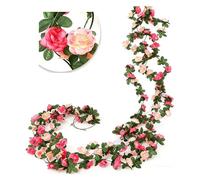 DINGFENG Weldomcor Guirnalda Rosas Artificiales 2 Uds 2,45m，45 Flores por Guirnalda Rosa Bicolor Seda/Rosa Blanca，Decoración Boda, Arco, Pared, Jardín, Mesa | Plantas Artificiales Colgantes