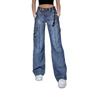 DINGJIUYAN Y2K Streetwear - Pantalones de mezclilla estilo cargo con bolsillos y estampado de estrellas grises, tiro bajo, gótico, recto, estilo grunge, estilo vintage, Y-azul Jean+cinturón, L