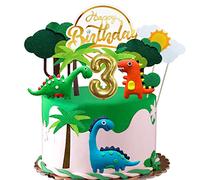 Dino - Decoración para tartas de 3 años, diseño de dinosaurio con vela de cumpleaños, 3 años, diseño de dinosaurio