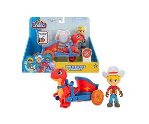 Dino Ranch - Feature Vehicle Blitz & Chariot, set de juguete coleccionable de la serie de dibujos, con una figura de los personajes, un carro y un dinosaurio, 3 modelos, +4 años, Famosa (DNA03100)