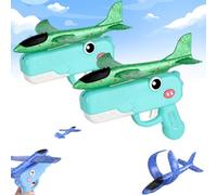 Dinosaur Foam Glider Airplane Launcher Toy,8" Mechanical Catapult Gun Aircraft, Crash-Resistant EPP Plane with 33-59ft Long Flight Distance & Dual Mode, Outdoor Active Play Birthday Gift (Green-2PCS)