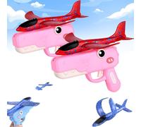Dinosaur Foam Glider Airplane Launcher Toy,8" Mechanical Catapult Gun Aircraft, Crash-Resistant EPP Plane with 33-59ft Long Flight Distance & Dual Mode, Outdoor Active Play Birthday Gift (Pink-2PCS)