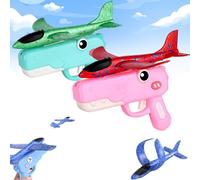 Dinosaur Foam Glider Airplane Launcher Toy,8" Mechanical Catapult Gun Aircraft, Crash-Resistant EPP Plane with 33-59ft Long Flight Distance & Dual Mode, Outdoor Active Play Birthday Gift (Mixed-3)